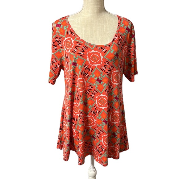 Lularoe Short Sleeve Perfect Tee Shirt Tunic Blouse Orange Geometric Womens L